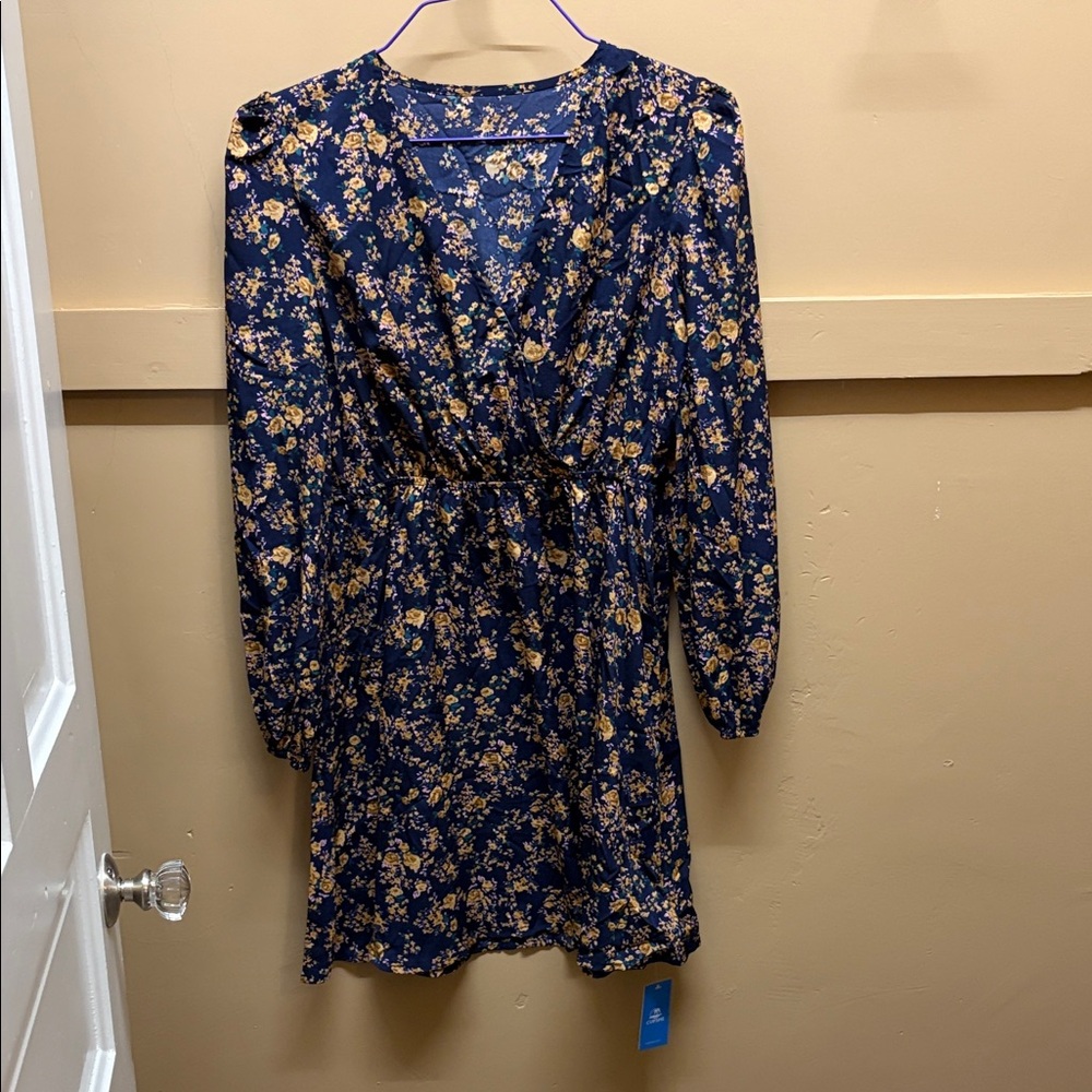 Cupshe Navy and Gold Floral Long Sleeve Dress